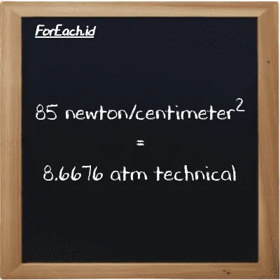85 newton/centimeter<sup>2</sup> is equivalent to 8.6676 atm technical (85 N/cm<sup>2</sup> is equivalent to 8.6676 at)